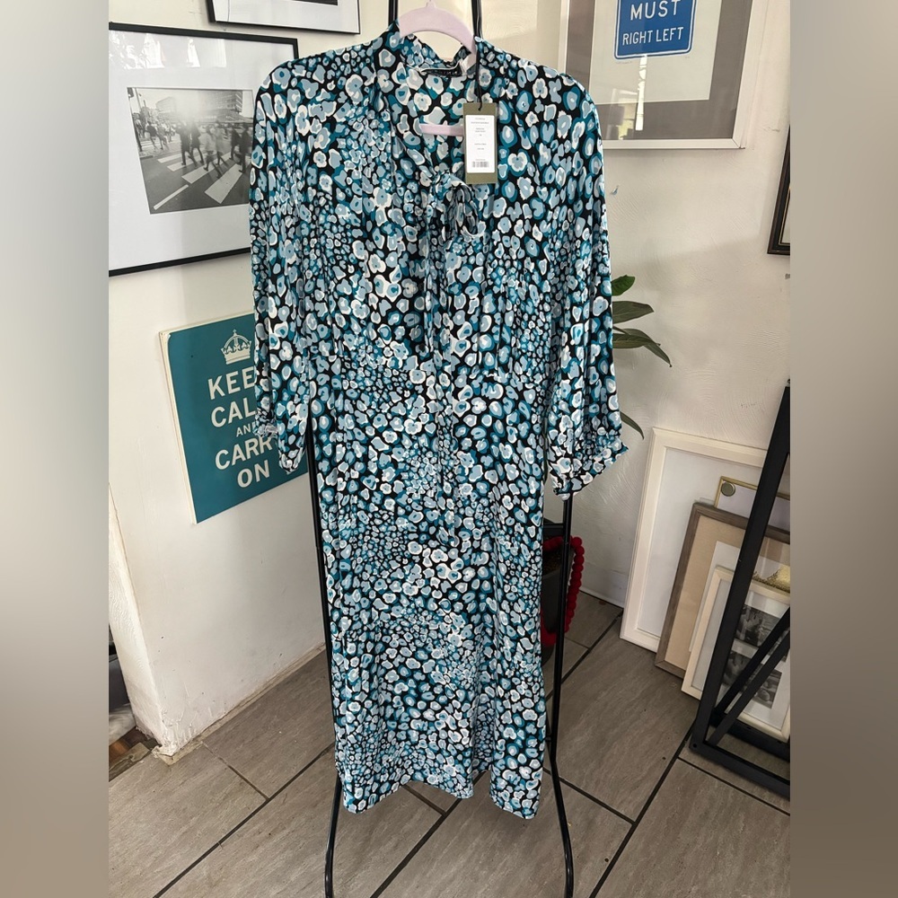 CEFINN Silk Turquoise Camo Pansy dress Size US 10 NWT $650 UK14